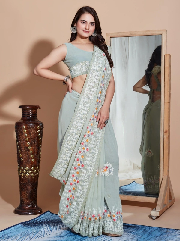 FWVLS PREMIUM SOFT GEORGETTE EMBROIDERY WORK PARTY WEAR SAREE - Ash Grey