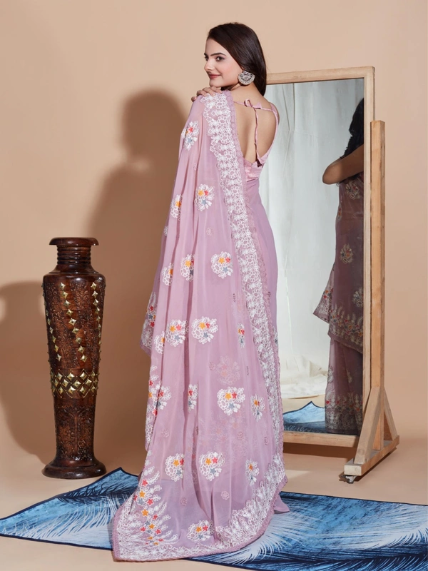 FWVLS PREMIUM SOFT GEORGETTE EMBROIDERY WORK PARTY WEAR SAREE - Lavender Rose