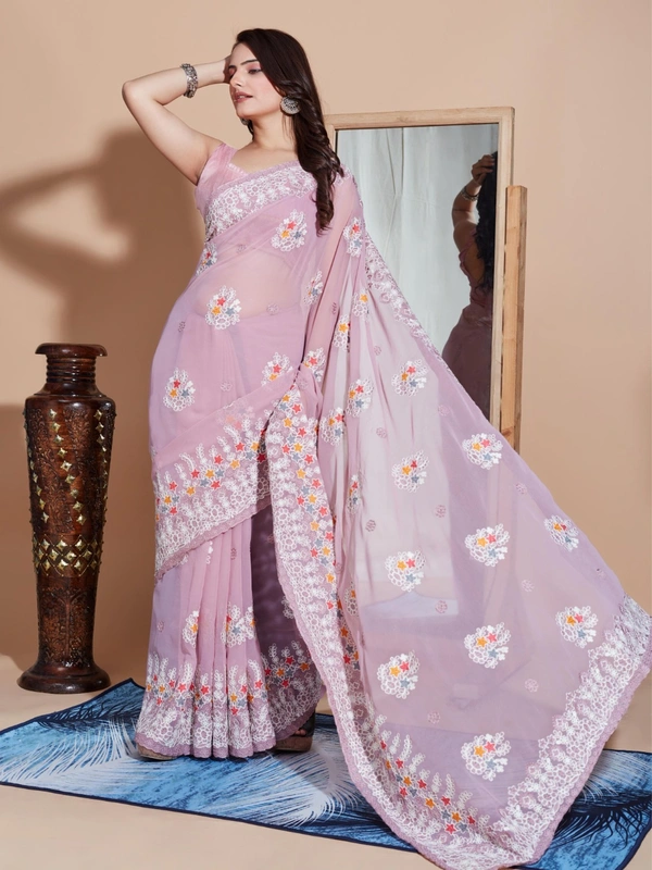 FWVLS PREMIUM SOFT GEORGETTE EMBROIDERY WORK PARTY WEAR SAREE - Lavender Rose