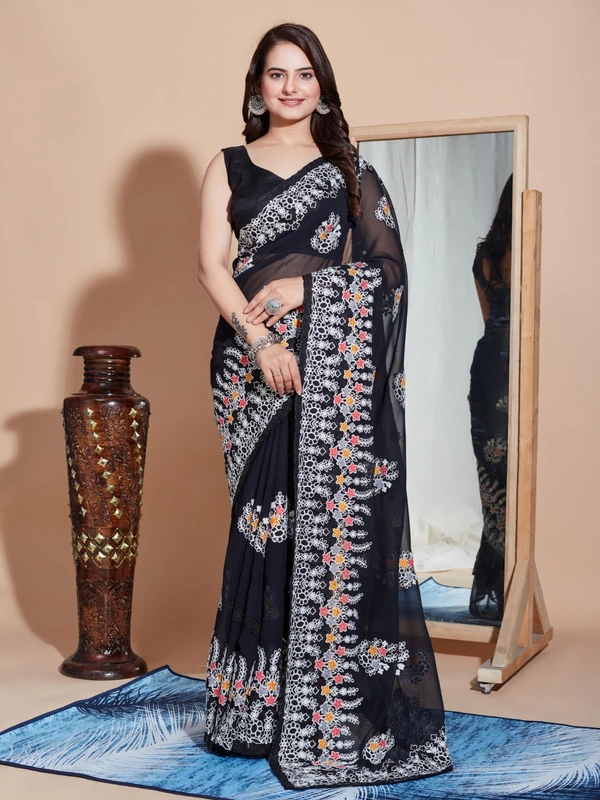 FWVLS PREMIUM SOFT GEORGETTE EMBROIDERY WORK PARTY WEAR SAREE - Black
