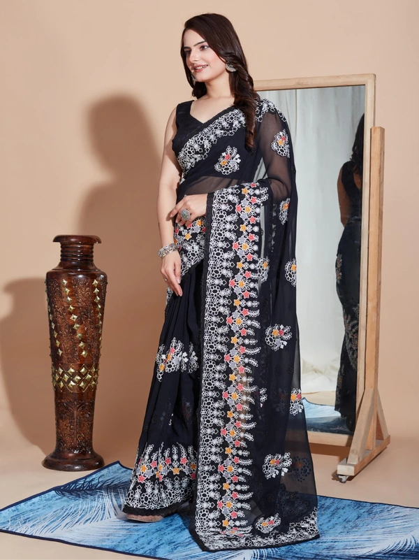 FWVLS PREMIUM SOFT GEORGETTE EMBROIDERY WORK PARTY WEAR SAREE - Black