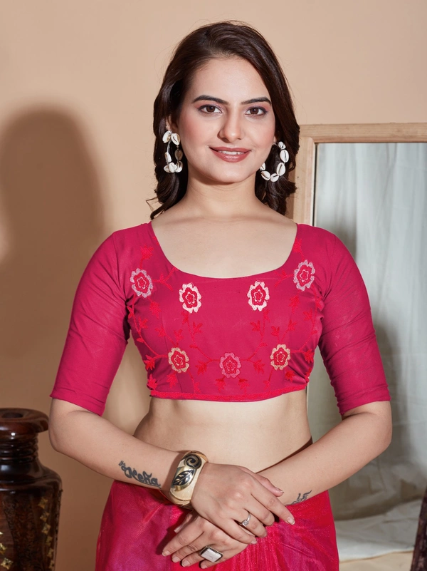 FWVLS BUTTER FLY NET EMBROIDERY SAREE WITH BLOUSE PIECE - Pinkish Red