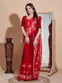 FWVLS BUTTER FLY NET EMBROIDERY SAREE WITH BLOUSE PIECE - Red