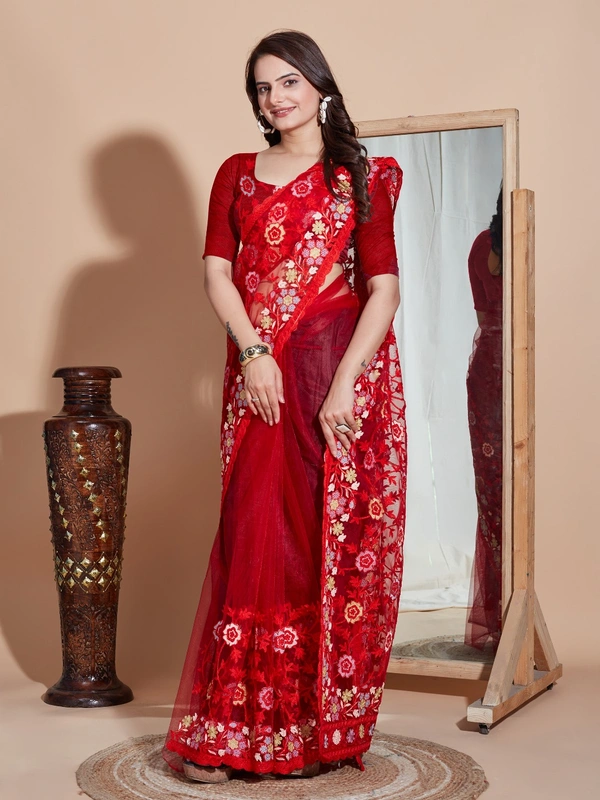 FWVLS BUTTER FLY NET EMBROIDERY SAREE WITH BLOUSE PIECE - Red
