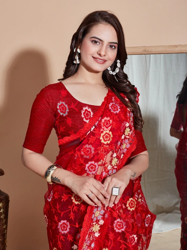 FWVLS BUTTER FLY NET EMBROIDERY SAREE WITH BLOUSE PIECE - Red