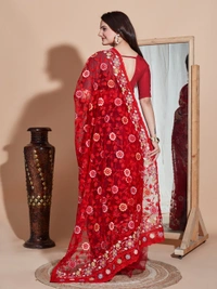 FWVLS BUTTER FLY NET EMBROIDERY SAREE WITH BLOUSE PIECE - Red