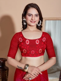FWVLS BUTTER FLY NET EMBROIDERY SAREE WITH BLOUSE PIECE - Red