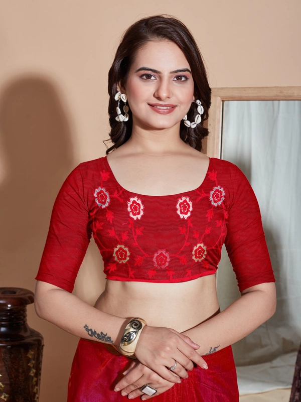 FWVLS BUTTER FLY NET EMBROIDERY SAREE WITH BLOUSE PIECE - Red