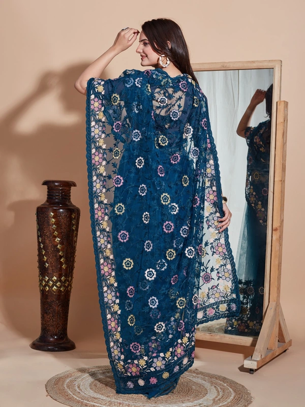 FWVLS BUTTER FLY NET EMBROIDERY SAREE WITH BLOUSE PIECE - Blue