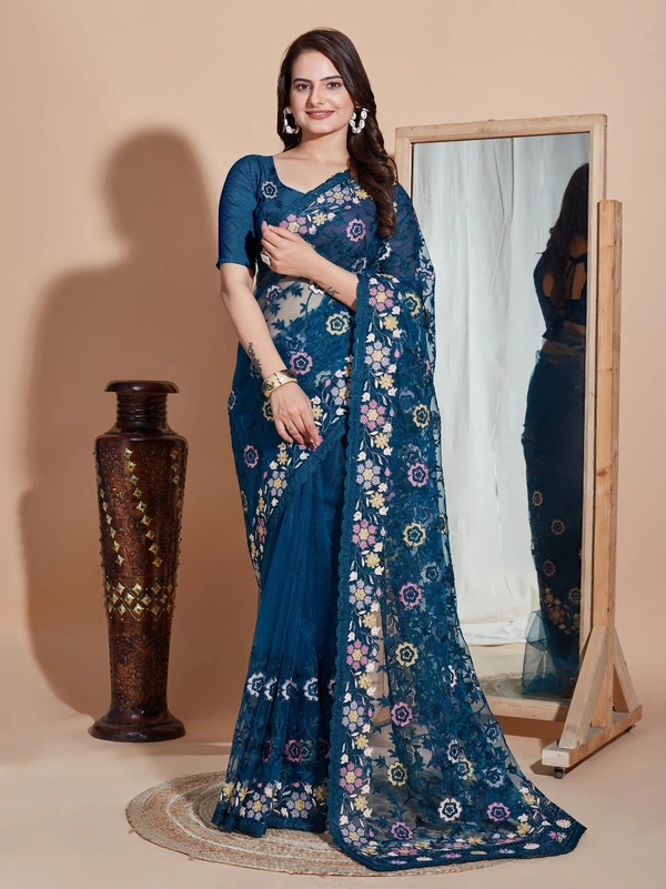 FWVLS BUTTER FLY NET EMBROIDERY SAREE WITH BLOUSE PIECE - Blue