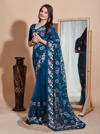 FWVLS BUTTER FLY NET EMBROIDERY SAREE WITH BLOUSE PIECE - Blue