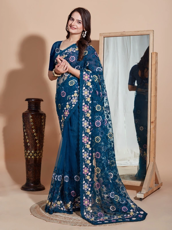 FWVLS BUTTER FLY NET EMBROIDERY SAREE WITH BLOUSE PIECE - Blue