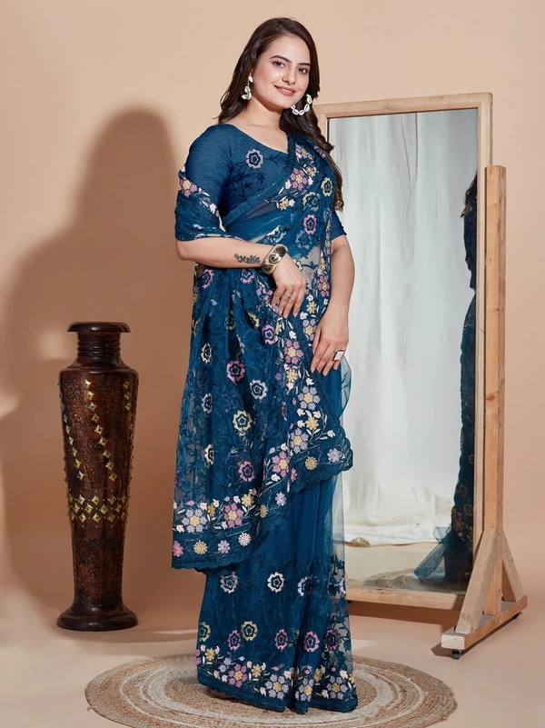FWVLS BUTTER FLY NET EMBROIDERY SAREE WITH BLOUSE PIECE - Blue