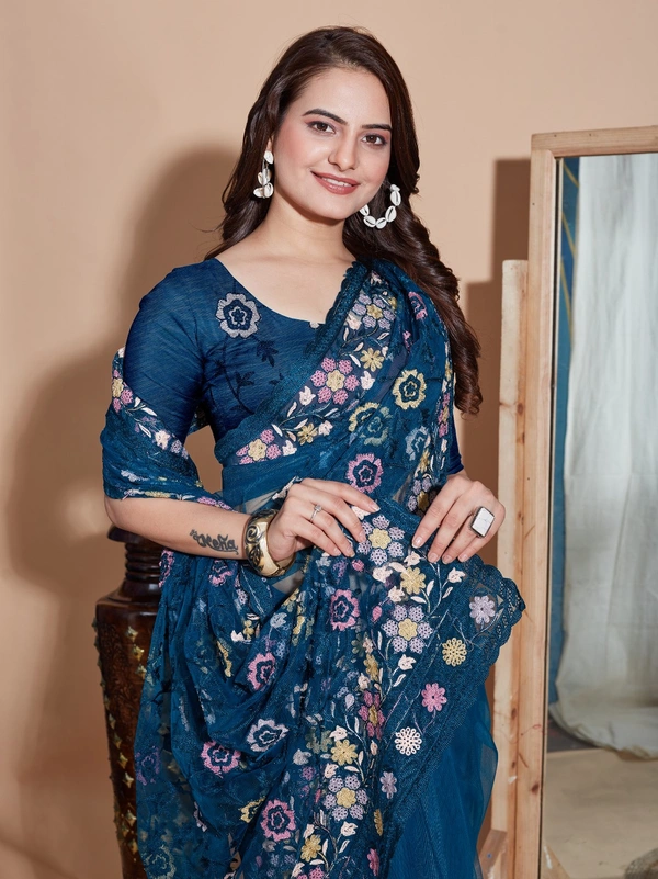 FWVLS BUTTER FLY NET EMBROIDERY SAREE WITH BLOUSE PIECE - Blue