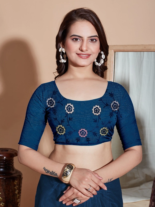 FWVLS BUTTER FLY NET EMBROIDERY SAREE WITH BLOUSE PIECE - Blue