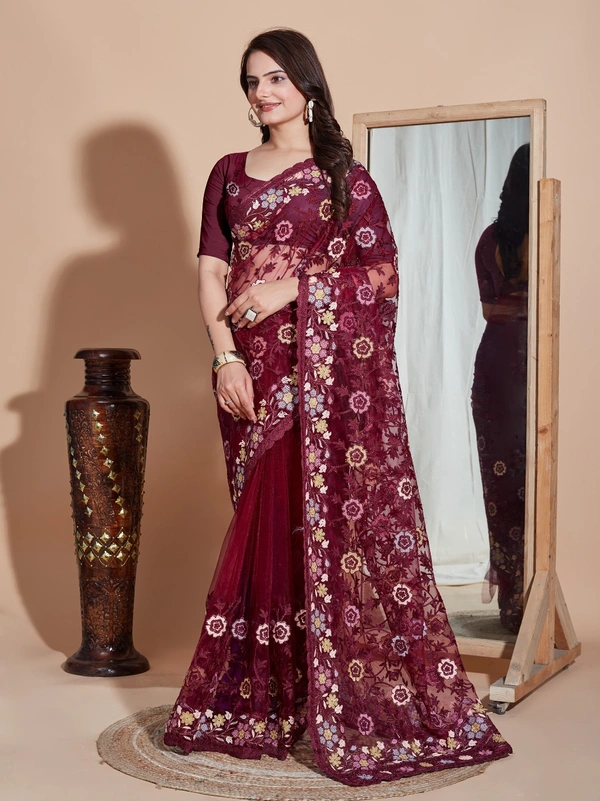 FWVLS BUTTER FLY NET EMBROIDERY SAREE WITH BLOUSE PIECE - Maroon Oak