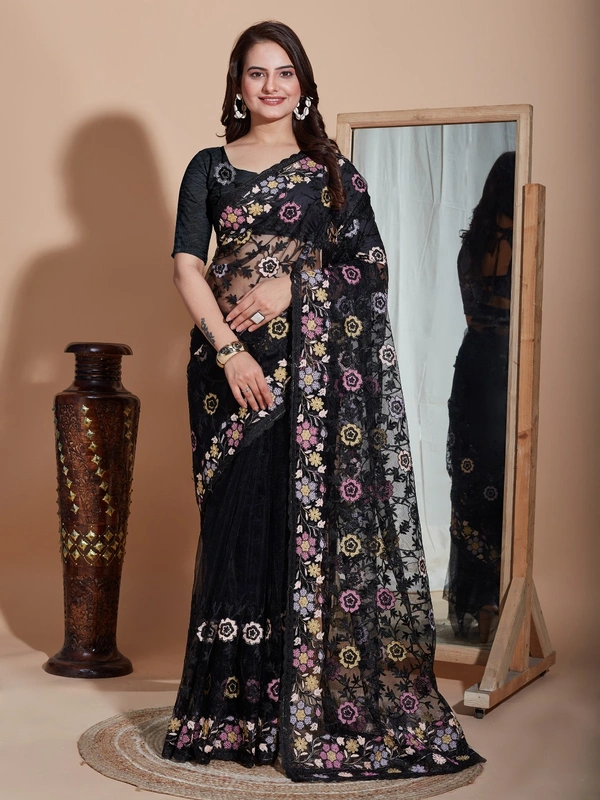 FWVLS BUTTER FLY NET EMBROIDERY SAREE WITH BLOUSE PIECE - Black