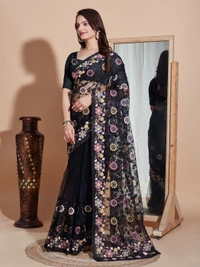 FWVLS BUTTER FLY NET EMBROIDERY SAREE WITH BLOUSE PIECE - Black