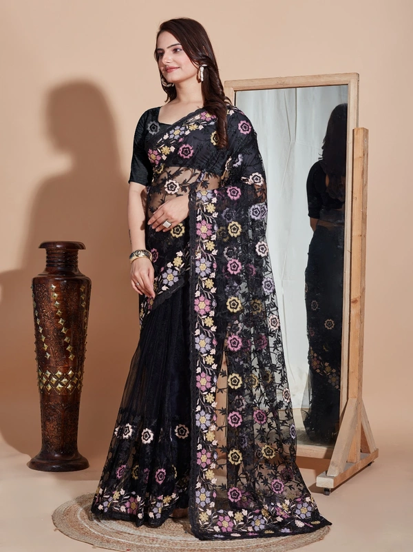 FWVLS BUTTER FLY NET EMBROIDERY SAREE WITH BLOUSE PIECE - Black