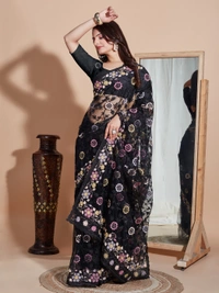 FWVLS BUTTER FLY NET EMBROIDERY SAREE WITH BLOUSE PIECE - Black