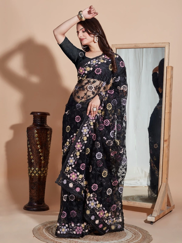 FWVLS BUTTER FLY NET EMBROIDERY SAREE WITH BLOUSE PIECE - Black
