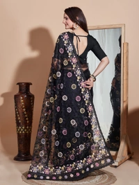 FWVLS BUTTER FLY NET EMBROIDERY SAREE WITH BLOUSE PIECE - Black