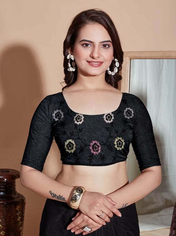 FWVLS BUTTER FLY NET EMBROIDERY SAREE WITH BLOUSE PIECE - Black