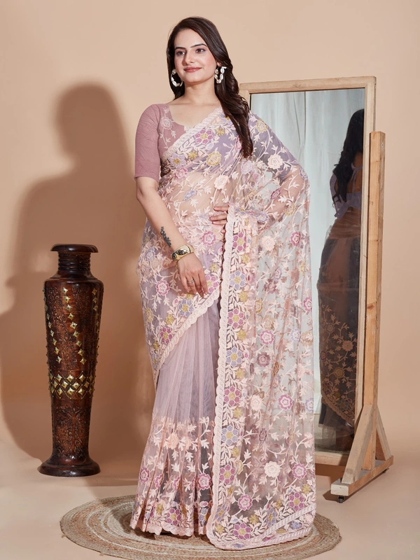FWVLS BUTTER FLY NET EMBROIDERY SAREE WITH BLOUSE PIECE - Feded Pink