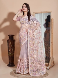 FWVLS BUTTER FLY NET EMBROIDERY SAREE WITH BLOUSE PIECE - Feded Pink