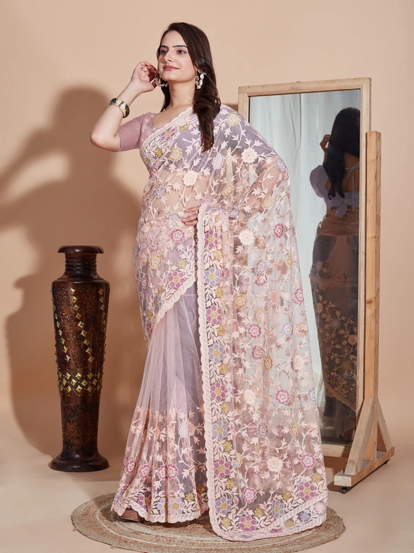 FWVLS BUTTER FLY NET EMBROIDERY SAREE WITH BLOUSE PIECE - Feded Pink