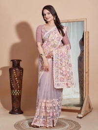FWVLS BUTTER FLY NET EMBROIDERY SAREE WITH BLOUSE PIECE - Feded Pink