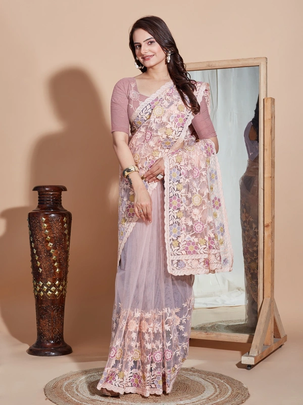 FWVLS BUTTER FLY NET EMBROIDERY SAREE WITH BLOUSE PIECE - Feded Pink