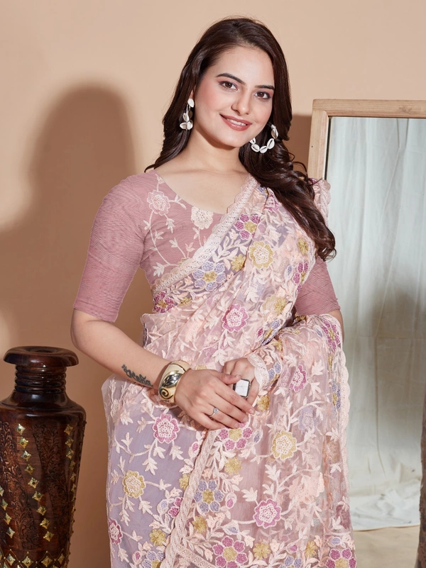 FWVLS BUTTER FLY NET EMBROIDERY SAREE WITH BLOUSE PIECE - Feded Pink