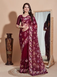 FWVLS BUTTER FLY NET EMBROIDERY SAREE WITH BLOUSE PIECE - Maroon Oak