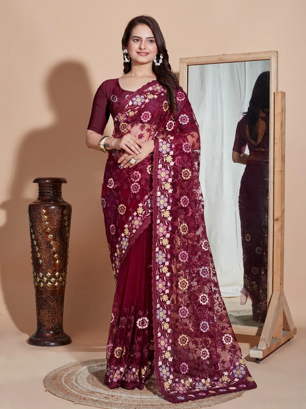 FWVLS BUTTER FLY NET EMBROIDERY SAREE WITH BLOUSE PIECE - Maroon Oak