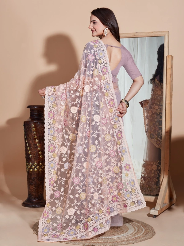 FWVLS BUTTER FLY NET EMBROIDERY SAREE WITH BLOUSE PIECE - Feded Pink