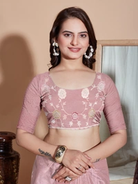 FWVLS BUTTER FLY NET EMBROIDERY SAREE WITH BLOUSE PIECE - Feded Pink