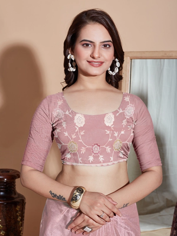 FWVLS BUTTER FLY NET EMBROIDERY SAREE WITH BLOUSE PIECE - Feded Pink