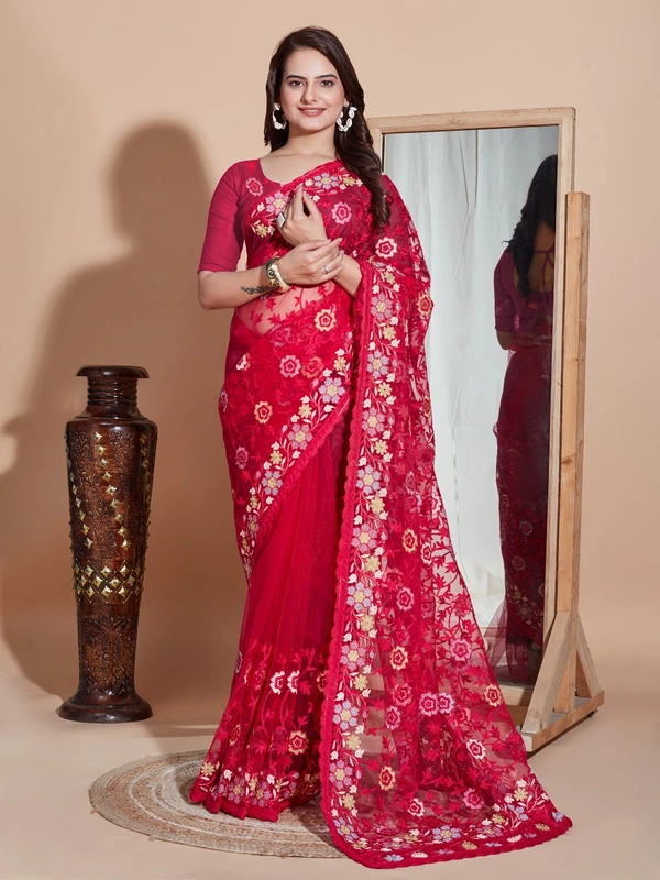 FWVLS BUTTER FLY NET EMBROIDERY SAREE WITH BLOUSE PIECE - Pinkish Red