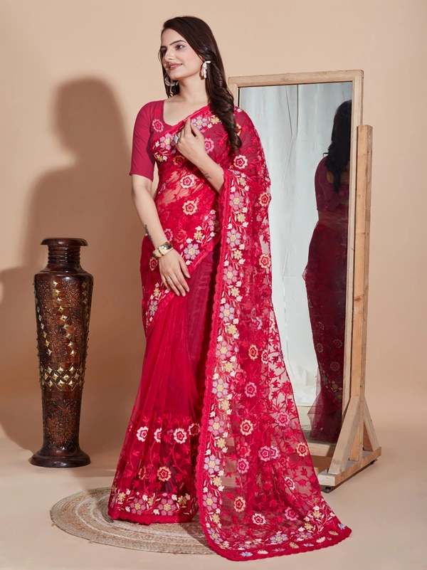 FWVLS BUTTER FLY NET EMBROIDERY SAREE WITH BLOUSE PIECE - Pinkish Red