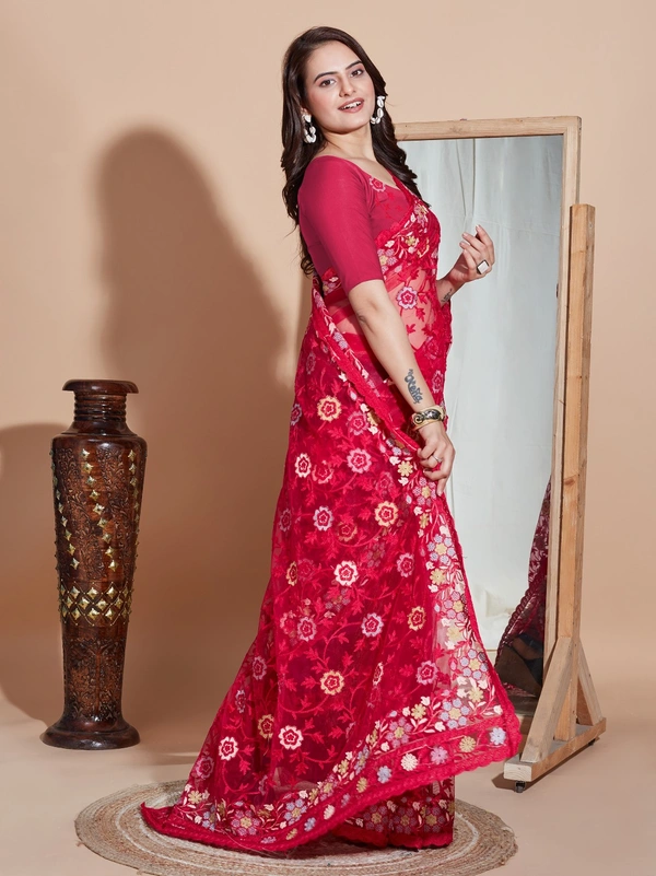 FWVLS BUTTER FLY NET EMBROIDERY SAREE WITH BLOUSE PIECE - Pinkish Red