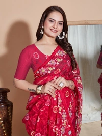 FWVLS BUTTER FLY NET EMBROIDERY SAREE WITH BLOUSE PIECE - Pinkish Red