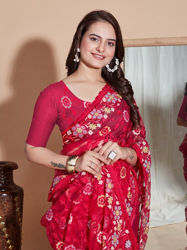 FWVLS BUTTER FLY NET EMBROIDERY SAREE WITH BLOUSE PIECE - Pinkish Red