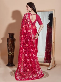 FWVLS BUTTER FLY NET EMBROIDERY SAREE WITH BLOUSE PIECE - Pinkish Red