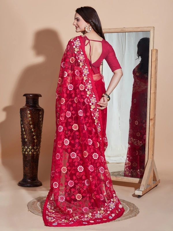 FWVLS BUTTER FLY NET EMBROIDERY SAREE WITH BLOUSE PIECE - Pinkish Red