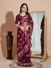 FWVLS BUTTER FLY NET EMBROIDERY SAREE WITH BLOUSE PIECE - Maroon Oak