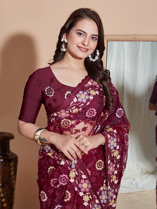 FWVLS BUTTER FLY NET EMBROIDERY SAREE WITH BLOUSE PIECE - Maroon Oak