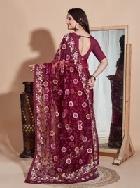 FWVLS BUTTER FLY NET EMBROIDERY SAREE WITH BLOUSE PIECE - Maroon Oak