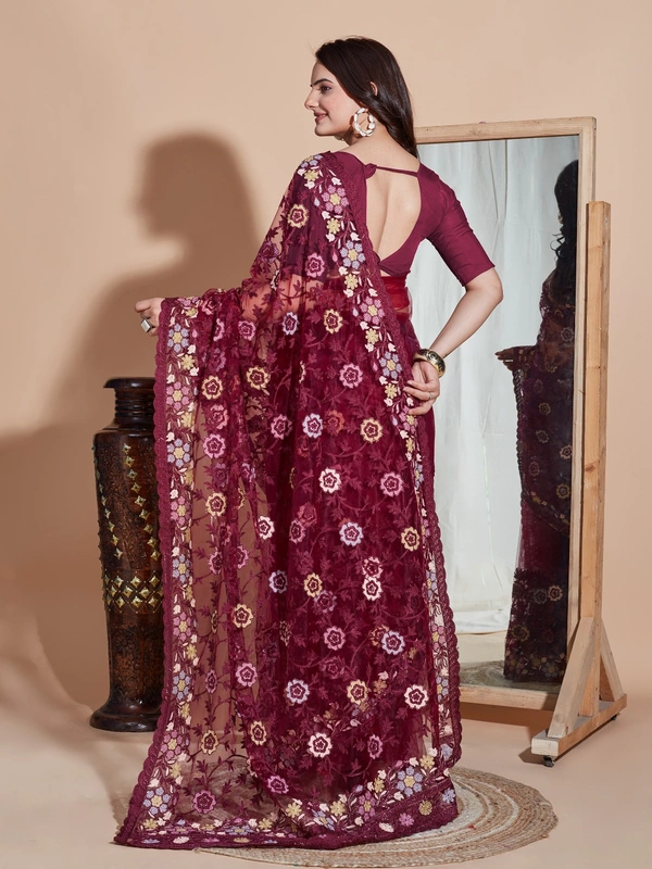 FWVLS BUTTER FLY NET EMBROIDERY SAREE WITH BLOUSE PIECE - Maroon Oak