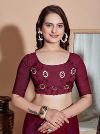 FWVLS BUTTER FLY NET EMBROIDERY SAREE WITH BLOUSE PIECE - Maroon Oak